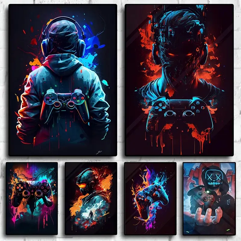 Retro Gamer Neon Controller Canvas Poster  Cool s Punk Gaming Wall Art for Esports  Kawaii Decor