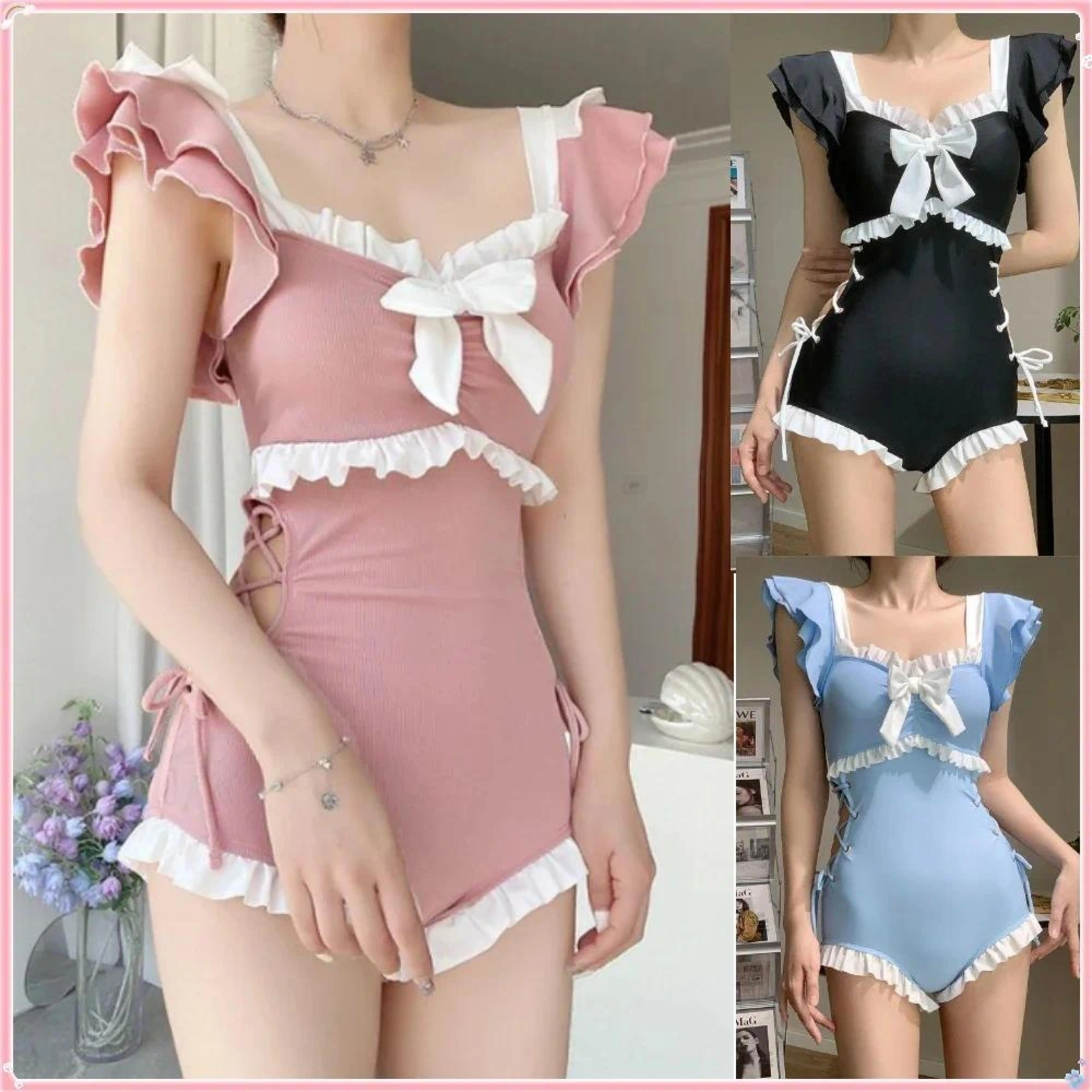 Fato de banho kawaii de peça única para mulheres, roupa de praia acolchoada, monokini sexy, roupa de banho push up, moda coreana, meninas, natação, verão, novo