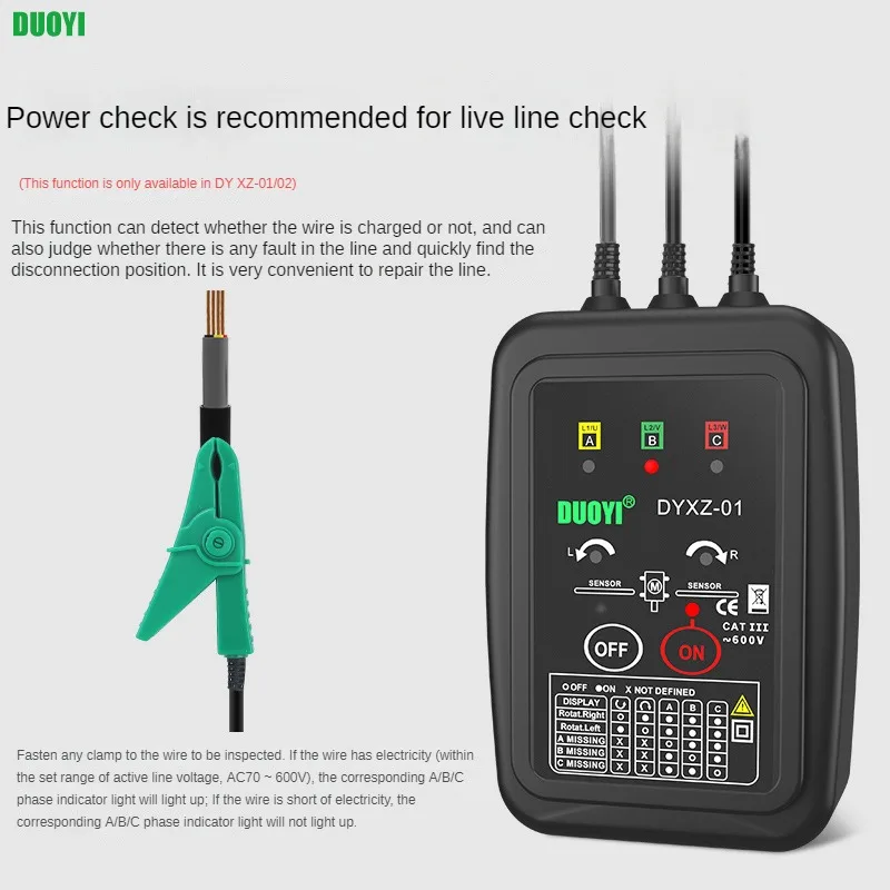 DUOYI DYXZ-01 DYXZ-02 3 Phase Detector Rotation tester Non-Contact Phase Sequence Detector Meter Indicator Digital LED Buzzer