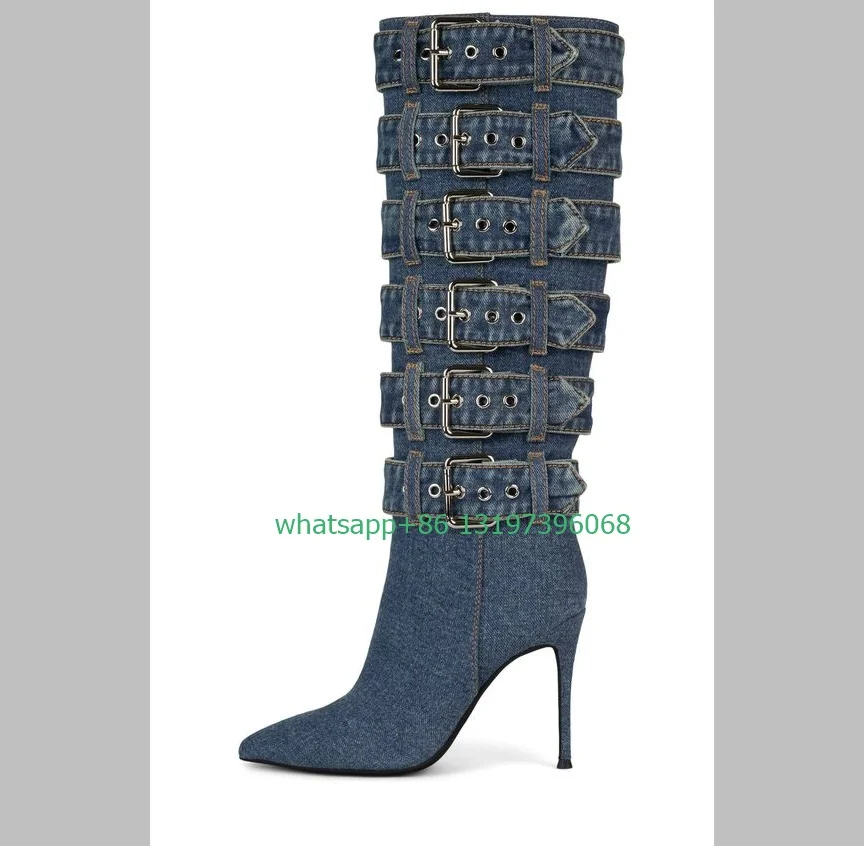 

Lady denim color pointed toe knee boots buckle strap stiletto heel jeans muti-buckle boots causal new running shoes boots size