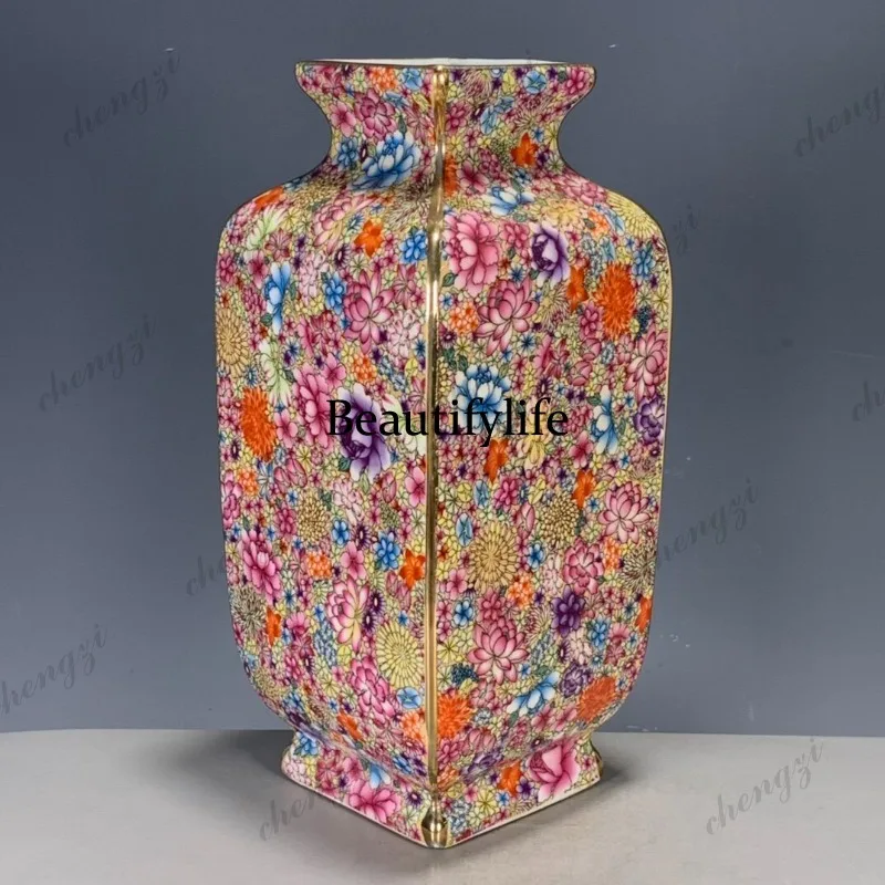 Antique porcelain collection imitation Qing Dynasty, enamel color ten thousand flowers painted gold pastel square vase