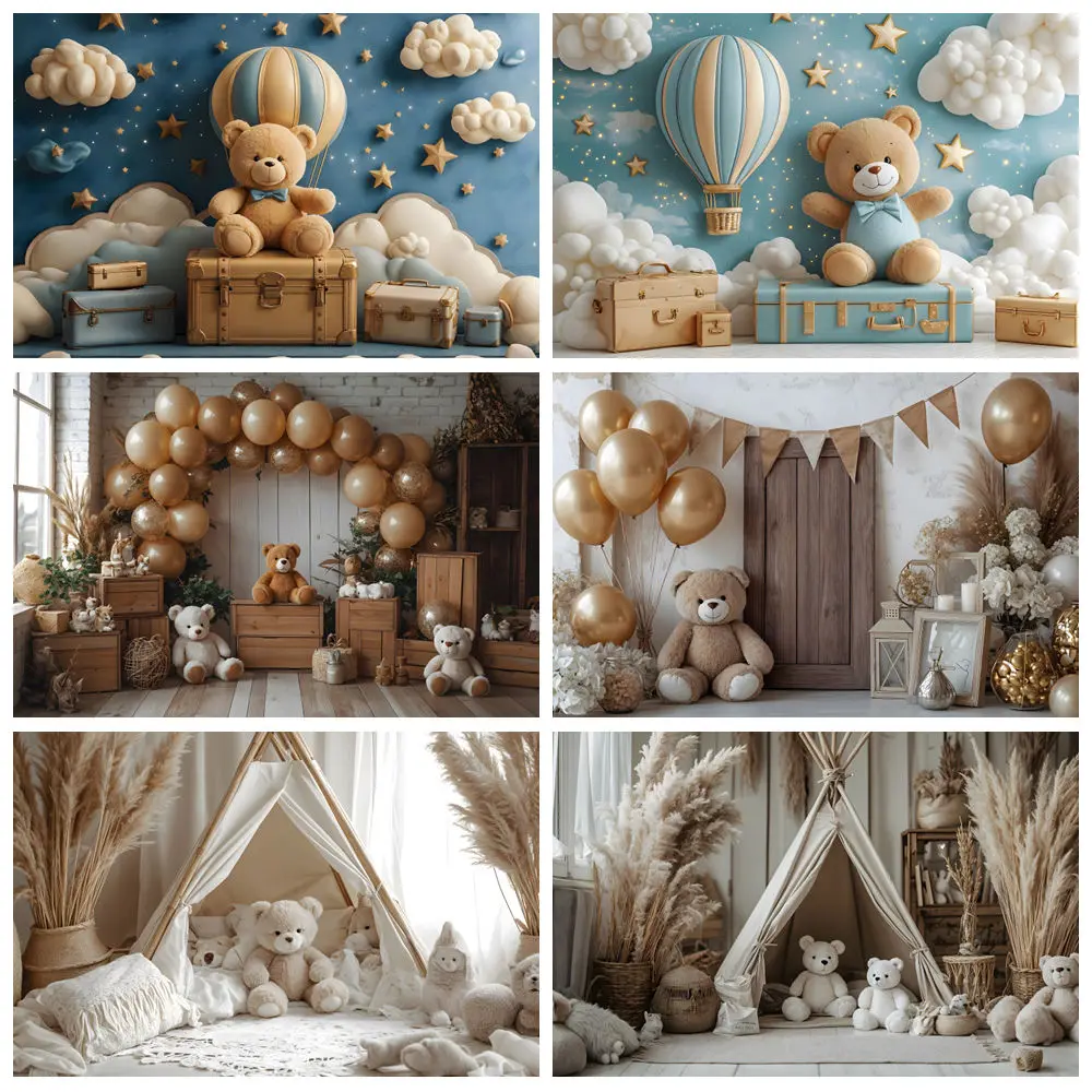 

Bohemian Poise Photography Backdrops Balloons Arch Toy Bear Girl Boy Baby Shower Cake Smash Decor Background Photo Studio Props