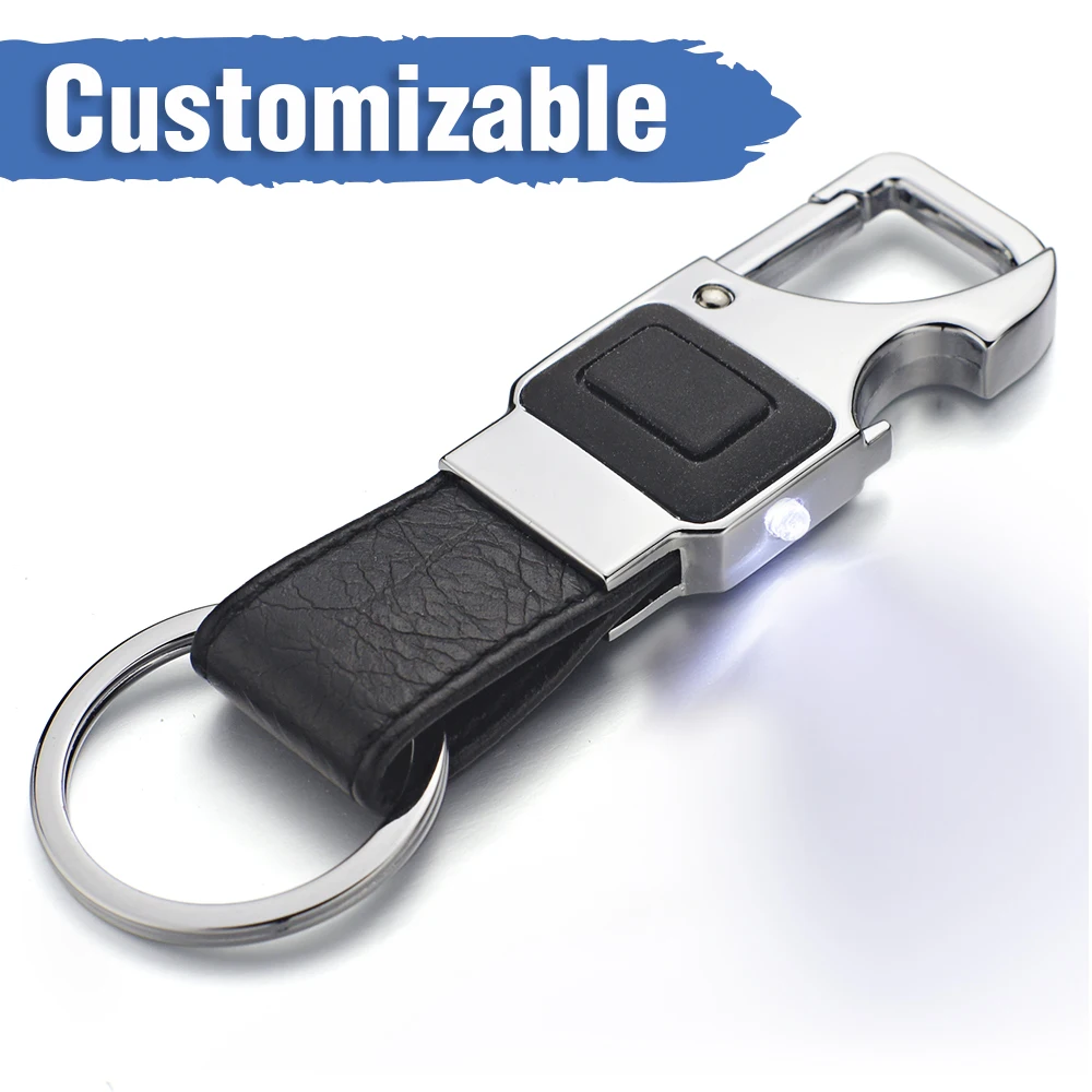 

Customized Keychain Lettering Multifunctional LED Lights Lamp Personalized Beer Opener Leather for Men Car Key Chain K355