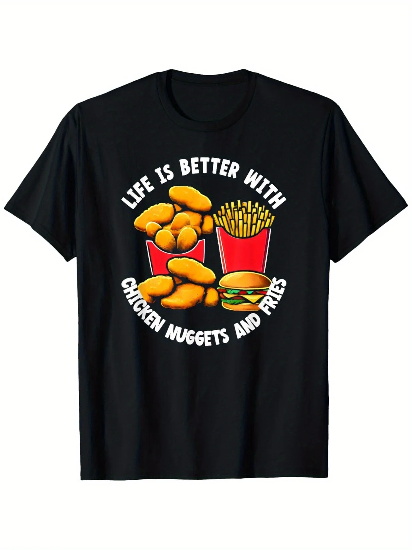 

Летняя детская рубашка с короткими рукавами и куриными наггетсами и картофелем фри с забавным принтом и круглым вырезом, повседневная удобная одежда на каждый день