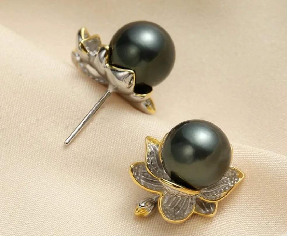 Hot big AAAA 9-10mm natural Tahiti black-green pearl earrings 925s