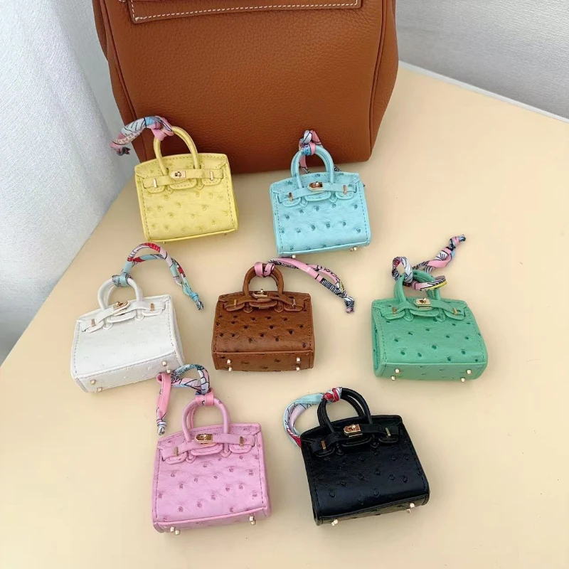 Ostrich Handmade Mini Bag PU Leather Handbag Keychain Cute Pendant Bag Headset Bags Keychain Fashion Creative Mini Luxury Wallet