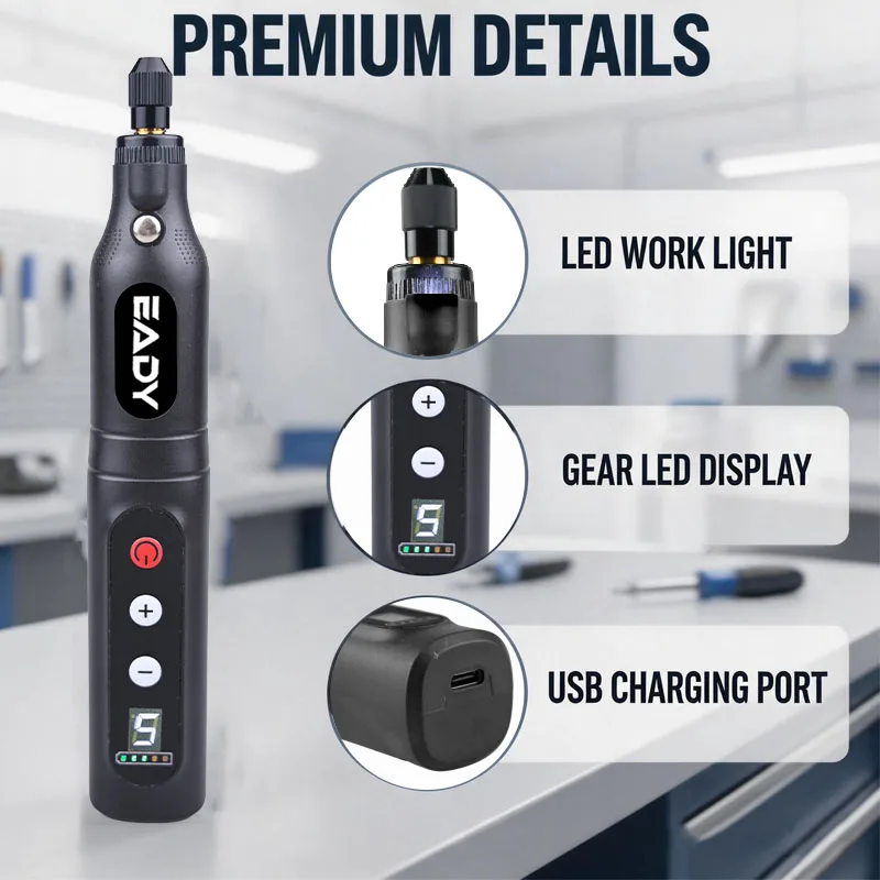 EADY Akku-Rotationswerkzeug, Mini-Bohrmaschine mit 5 Geschwindigkeiten und LED-Arbeitslicht, USB-C Mini-Graviermaschine für Schmuck, Holz, Metall, Glas, DIY-Set – Detail 4