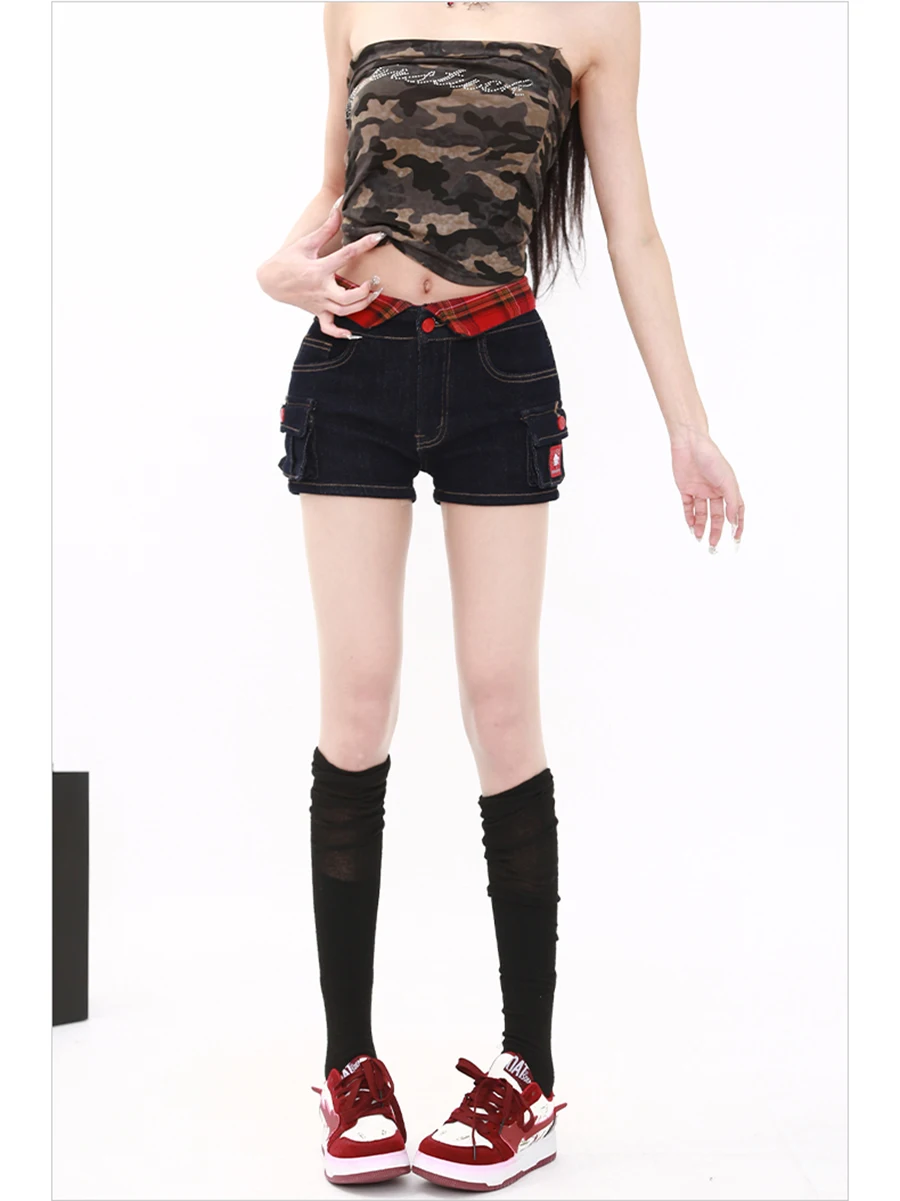 ReddaChic Kitty Pantaloncini di jeans Spice Girl ricamati per donna Stile estivo con design scozzese Splicing Matita Pantaloni caldi Y2K Wear