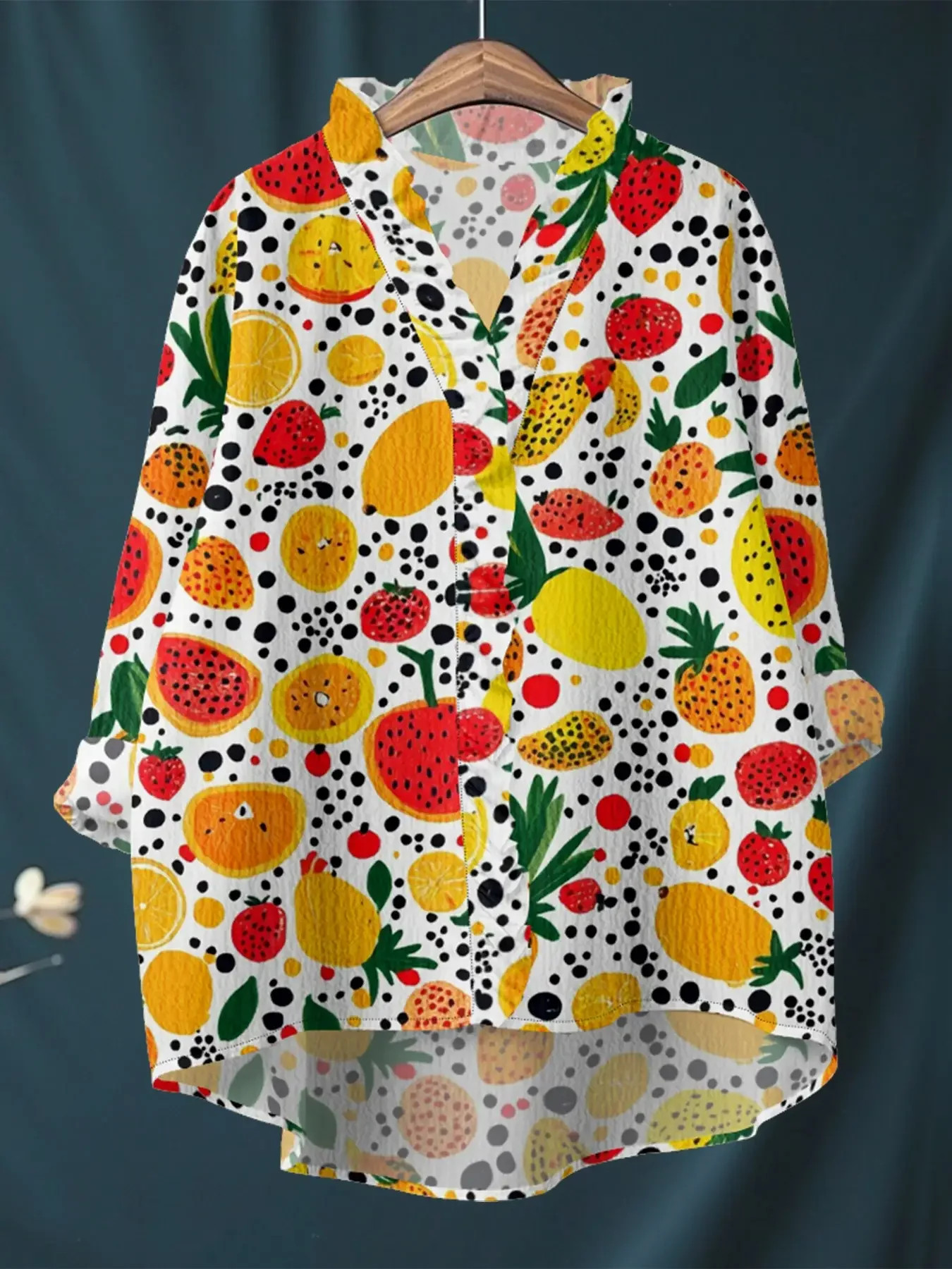 New women's printed long sleeved shirt with ruffled neckline, Best gift choices for Christmas and New Year