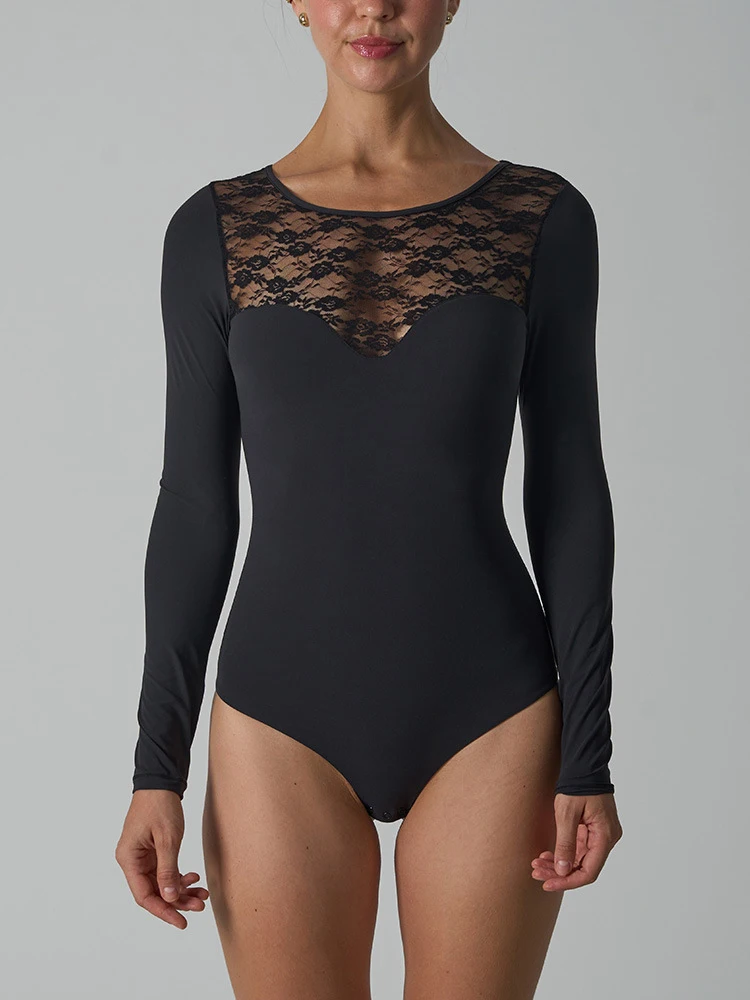 VITALINOVO Women's Lace Round Neck Bodysuits Long Sleeve Bodysuit Tops Double Layer Second-skin Feel One Piece Layering Top Fall