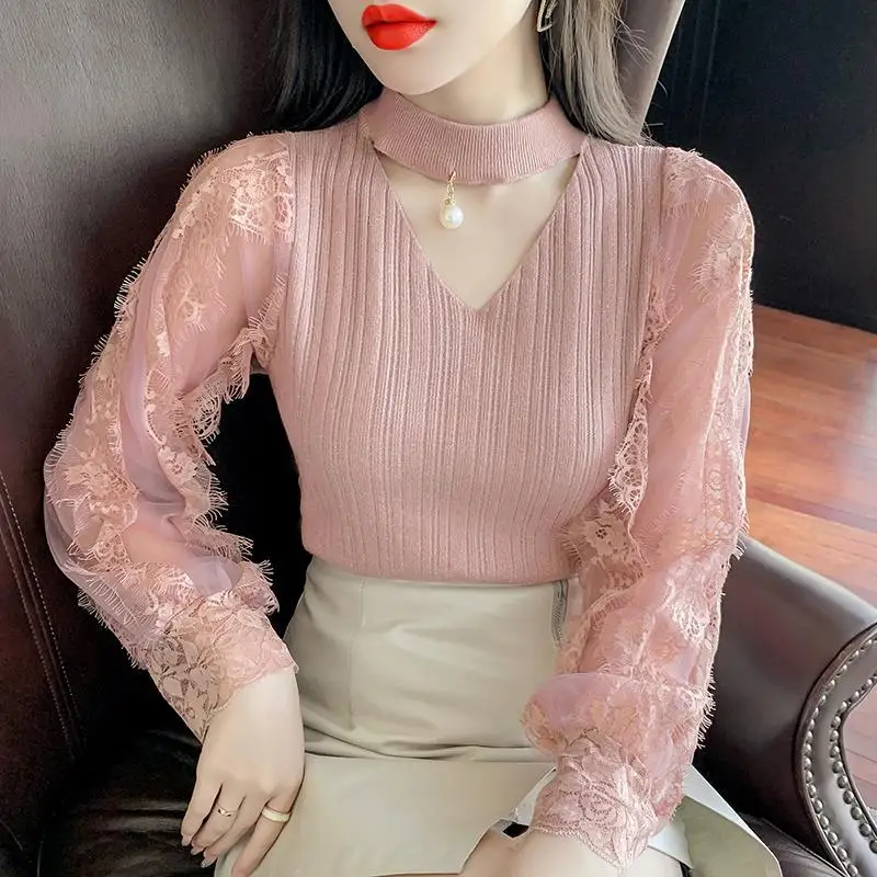 Sweet Hollow Out Princess Sleeve Beading Gauze Lace Blouses Female Clothing Spring Autumn Loose Korean Tops All-match Shirts