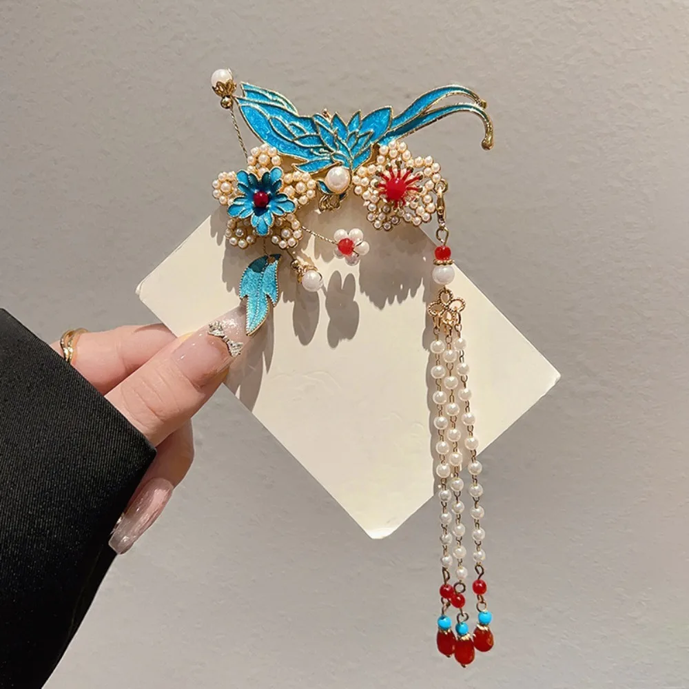 Elegant Women's Enamel Flower Tassel Hair Stick Retro Hanfu Style Dangle Chain Design Hair Accessory