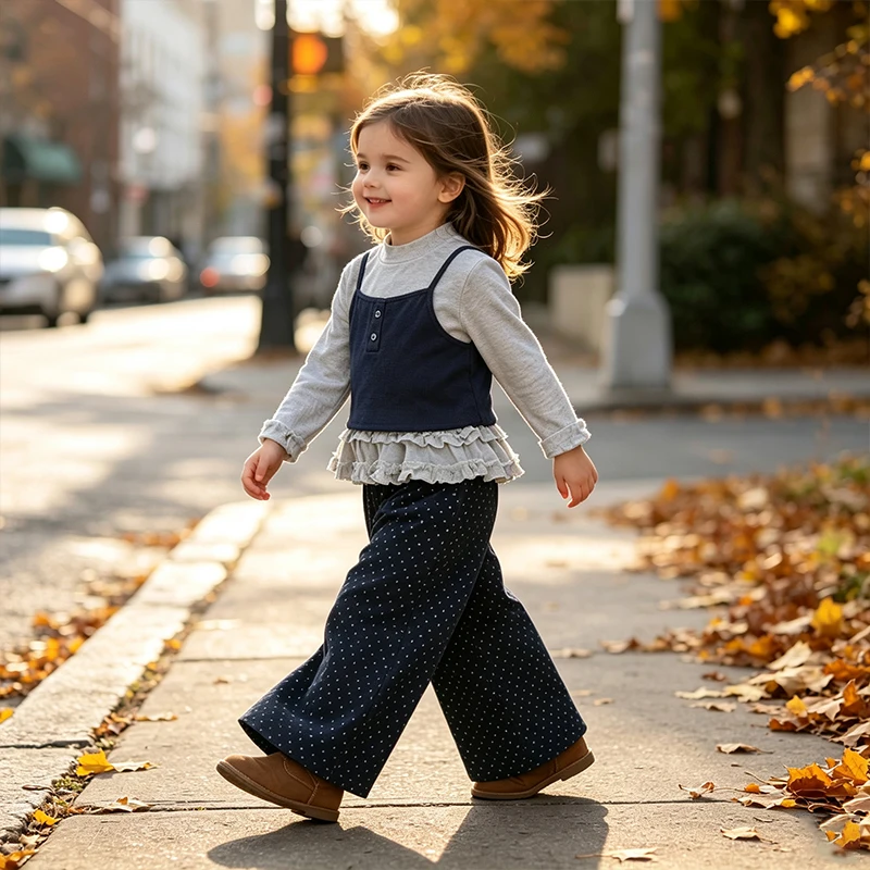 Girls 3 Piece Fall Outfit Long Sleeve Ruffle Hem Undershirt With Navy Tank Top And Polka Dot Wide Leg Pants For 6‑8Y Little Girl