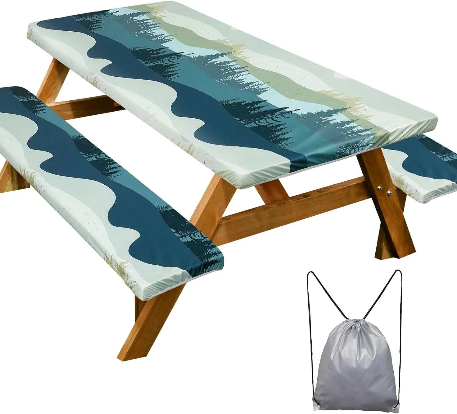 Picnic Table Cover with Bench Covers Camping Essentials Waterproof Windproof Camping Tablecloth with Drawstring Bag