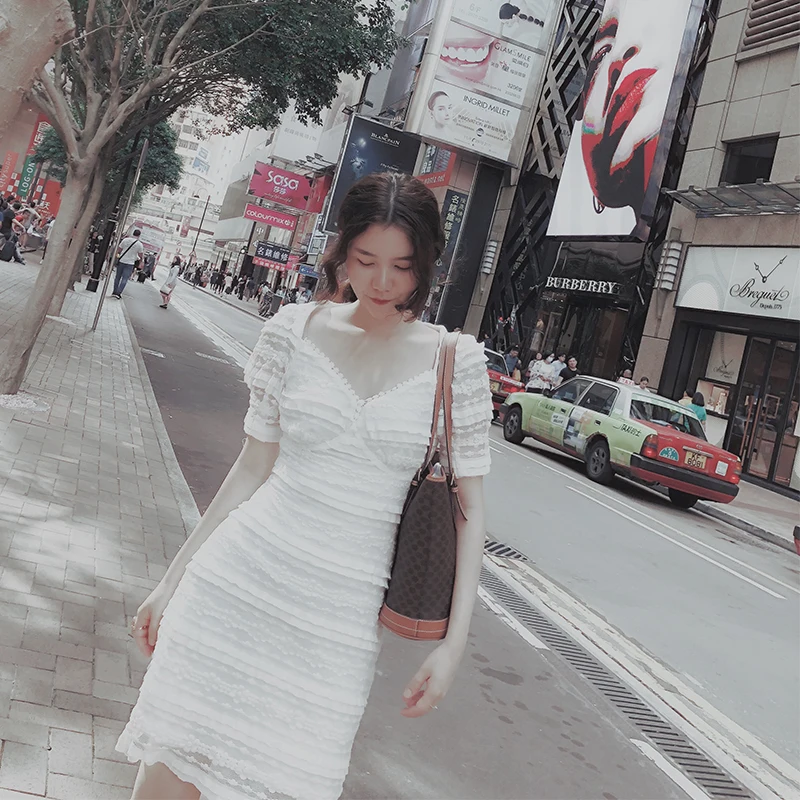 

Летнее платье Yanyan в стиле ретро с кружевом, V-образным вырезом, на завязках, белое, для маленьких девочек, с завышенной талией, на молнии