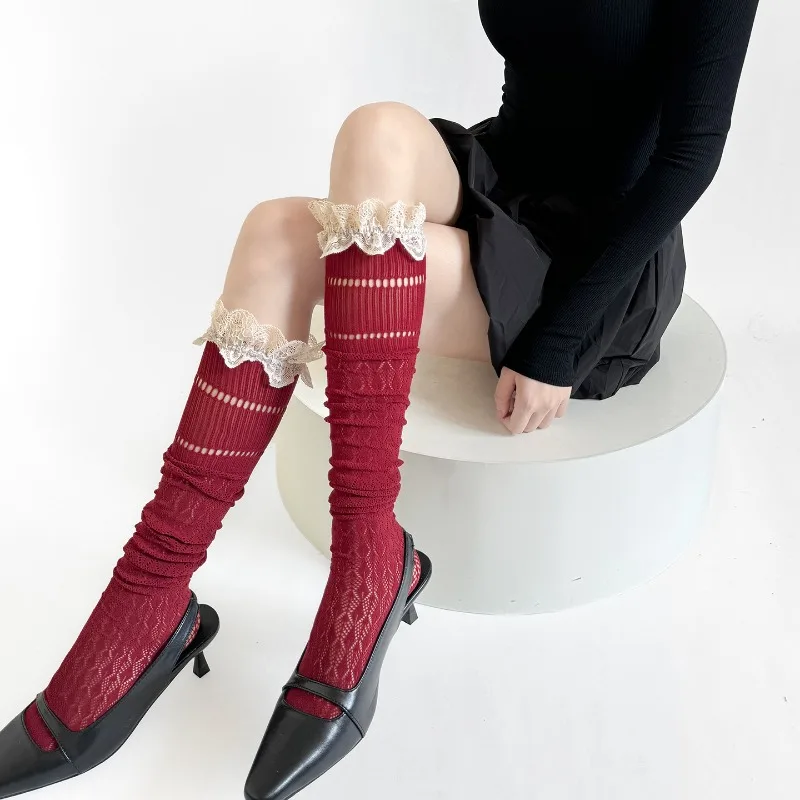 Women Hollow Rhombus Pattern Mid Calf Socks Vintage Lace Trim Stackable Socks Thin Breathable Leg Socks for Summer