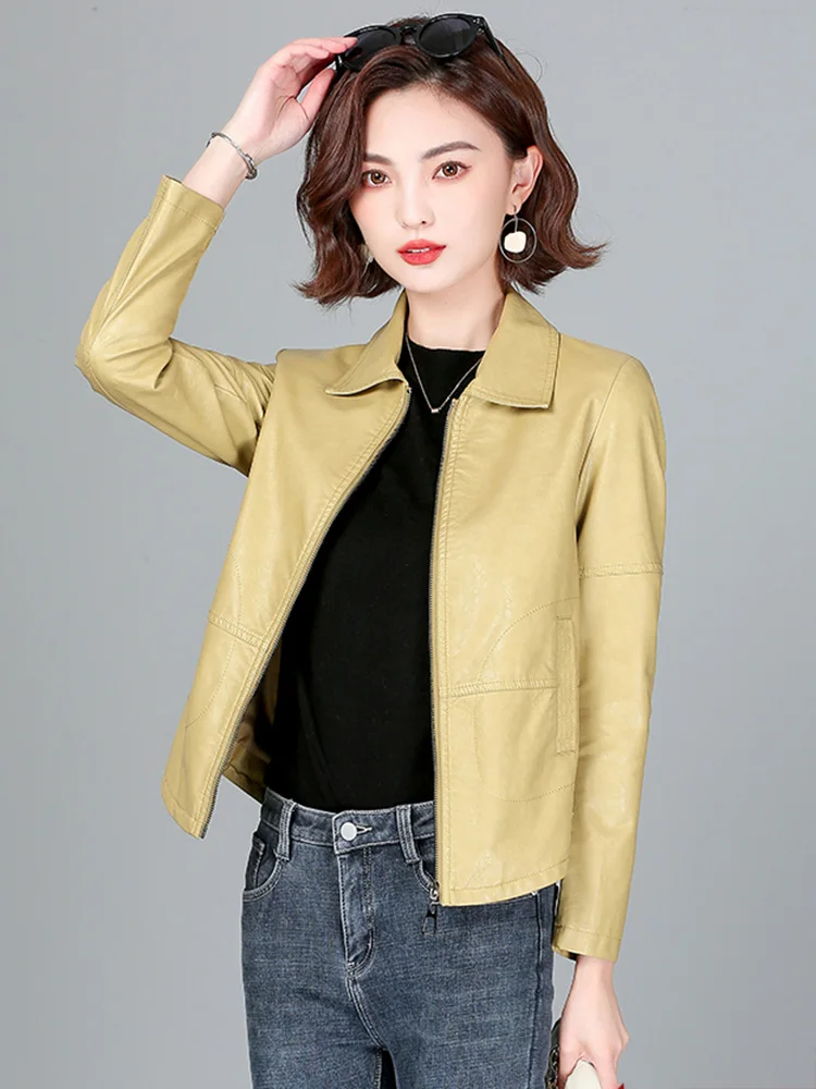 Nuevo Mujeres Chaqueta de piel de oveja Primavera otoño 2024 Moda Casual Manga larga Corto Cremallera Abrigo de cuero Suelto Cuero partido Prendas de abrigo de cuero