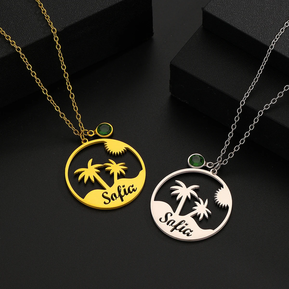 

Индивидуальное имя, модное ожерелье с пейзажем острова моря для мужчин, кокосовая пальма, круглая подвеска из нержавеющей стали, ожерелье, ювелирное изделие, подарок