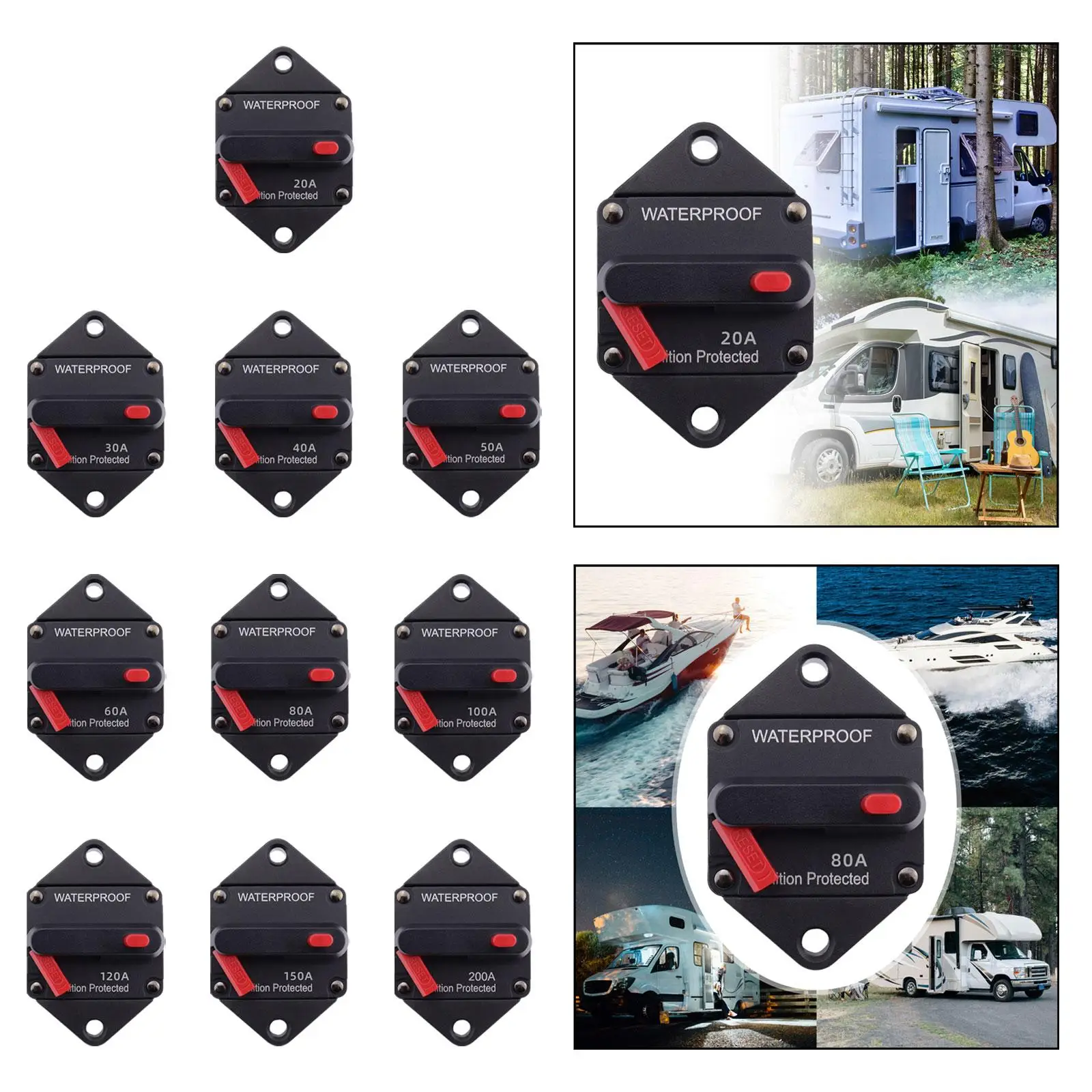 Circuit Breaker with Manual Reset Button, , High Performance, Premium Waterproof Fuse Inverter for RV Trailer Truck