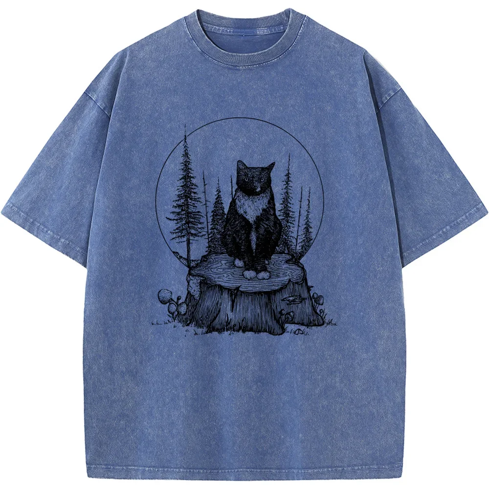 Forest Cat Men's Washed T-Shirt 230g Summer Cotton Bleached Tshirt Tops Vintage Loose Bleached Tshirt Tees