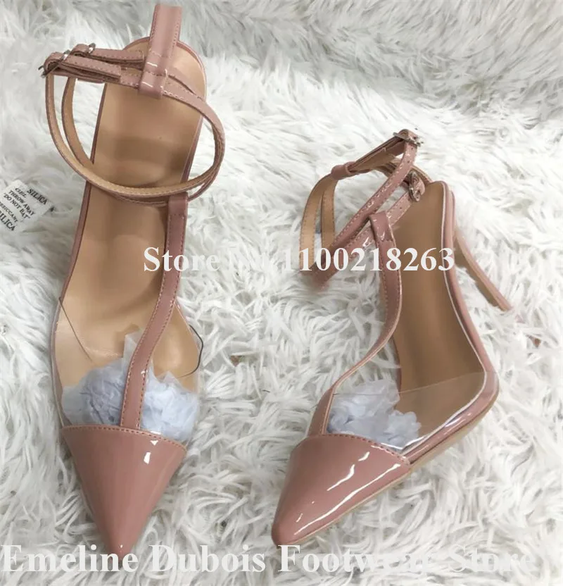 Wine Red PVC Pumps Pointed Toe Clear Transparent Patchwork Stiletto Heels Shoes Pink Green Ankle Straps 12cm High Heels