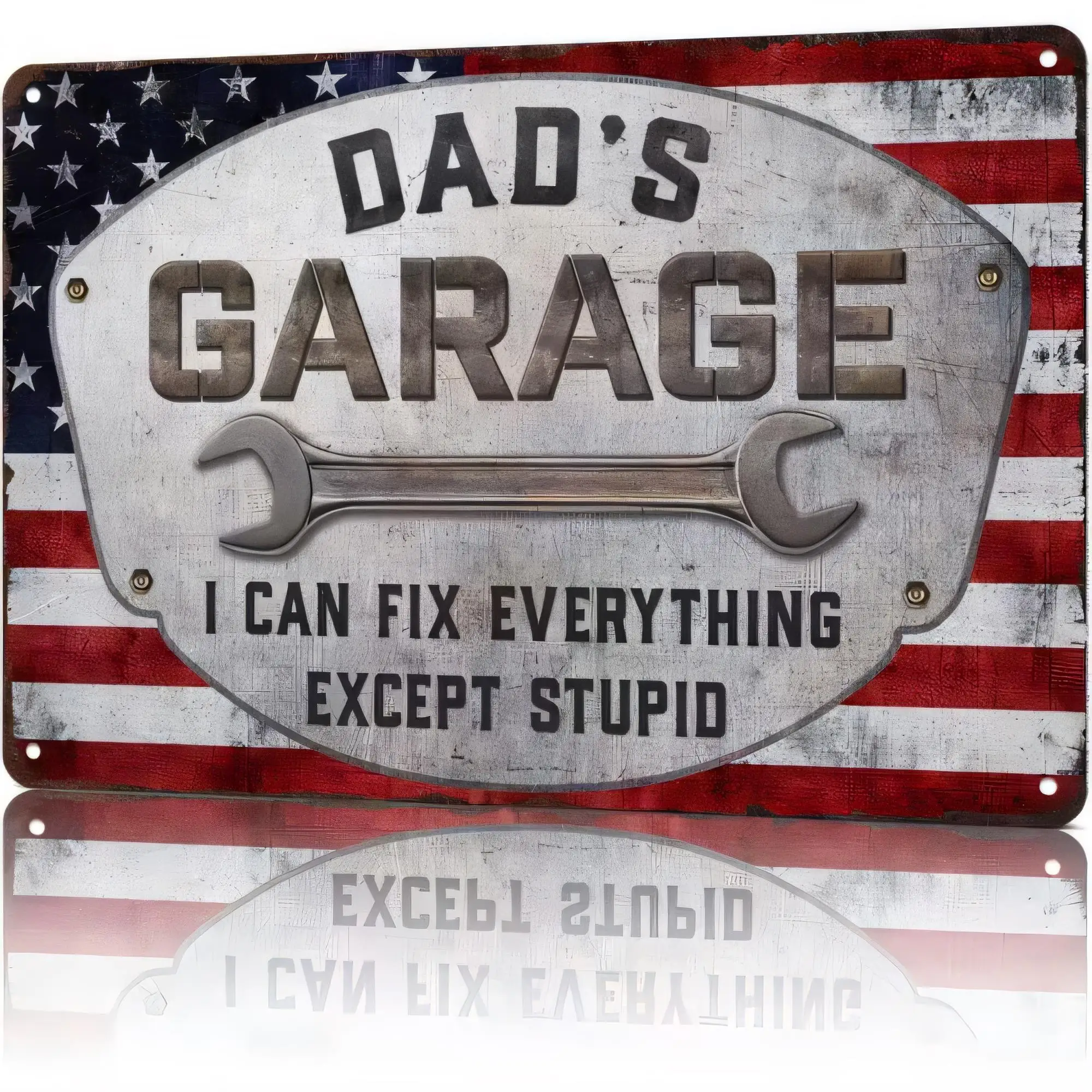 Tin Sign “Dad’s Garage” I Can Fix Everything Except Stupid Vintage Metal Signs for Wall Decor, Retro Industrial   Rustic Typogra