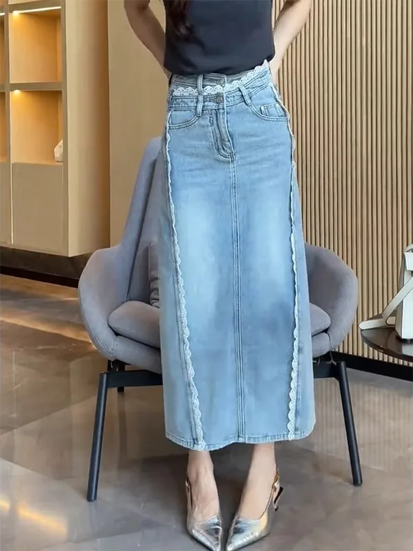 

Anti-Aging Denim Skirt Women's Straight Cut High Waist Commuter Friendly Versatile Ba Slit Casual Straight Skirt