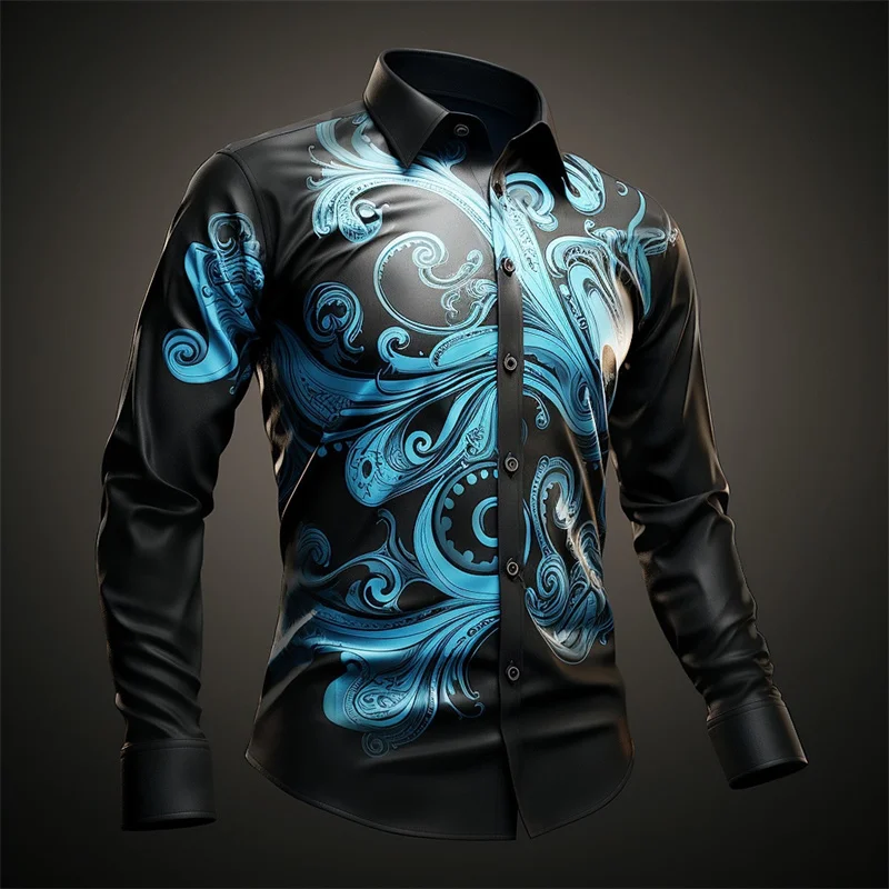 Men Purple Lightning Galaxy Print Long Sleeve Shirt Lapel Collar Button‑Up Polyester Party Blouse