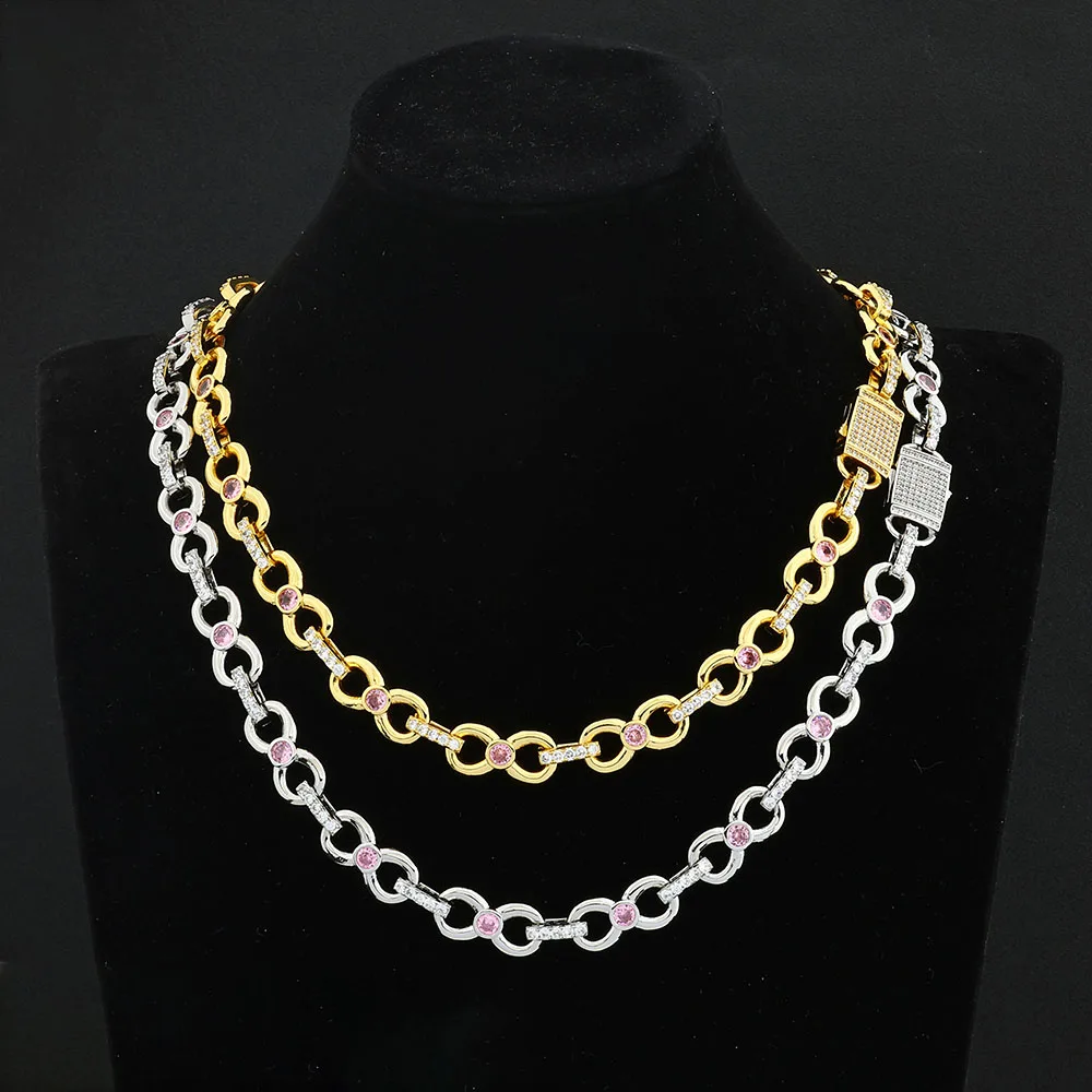 12MM Gold Plated CZ Zircon Diamond Link Chain Hip Hop Brass Metal Pink Stone Charm Cuban Link Chains for Women