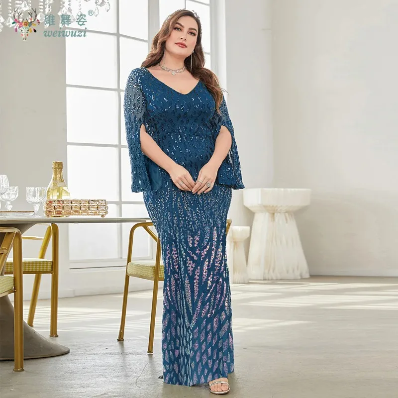 

Plus Size Elegant Sequin Bead Slit Long Sleeve Evening dresses Luxury Cocktail Bridesmaid GownsSinger stage performance costume