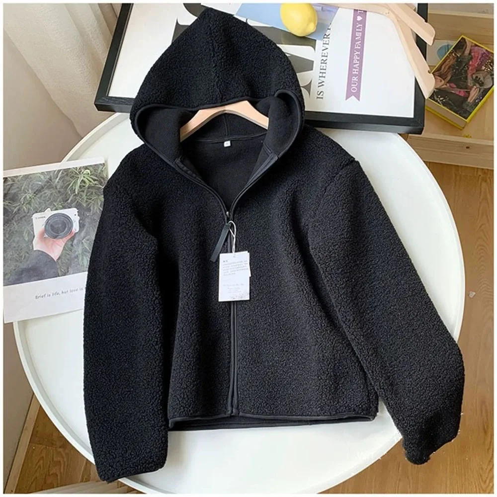 Women Solid Color Fleece Hooded Jacket Zip Up Hoodie Coat Casual Loose Long Sleeve Warm Outerwear Autumn Winter Daily Wear
