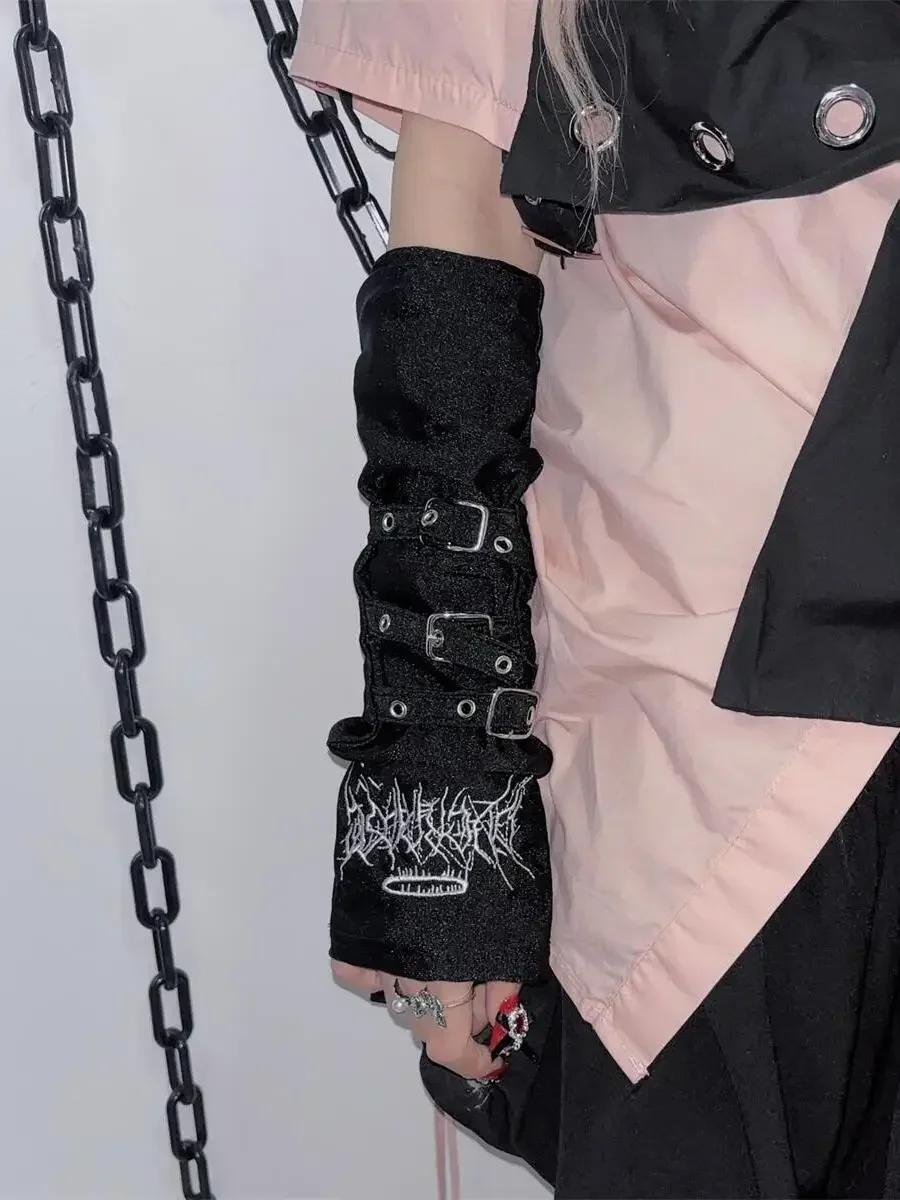 Japanese Harajuku Millennium Hot Girl Embroidered Striped Arm Sleeves Women Black Gloves Half Finger Oversleeve Y2k Accessories