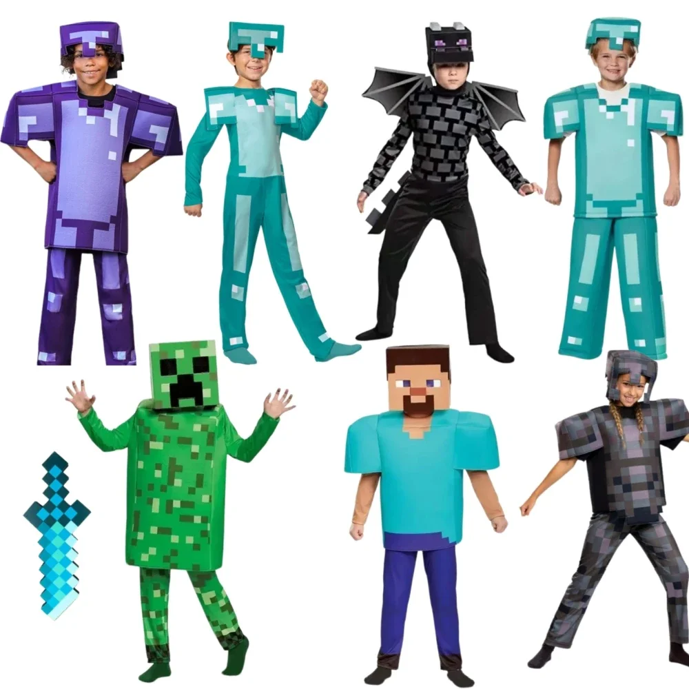 بدلة My Kids World التأثيرية أزياء الهالوين للأولاد والبنات ملابس فيلم ثلاثية الأبعاد Steve Creeper Stage Diamond Armor Bodysuit