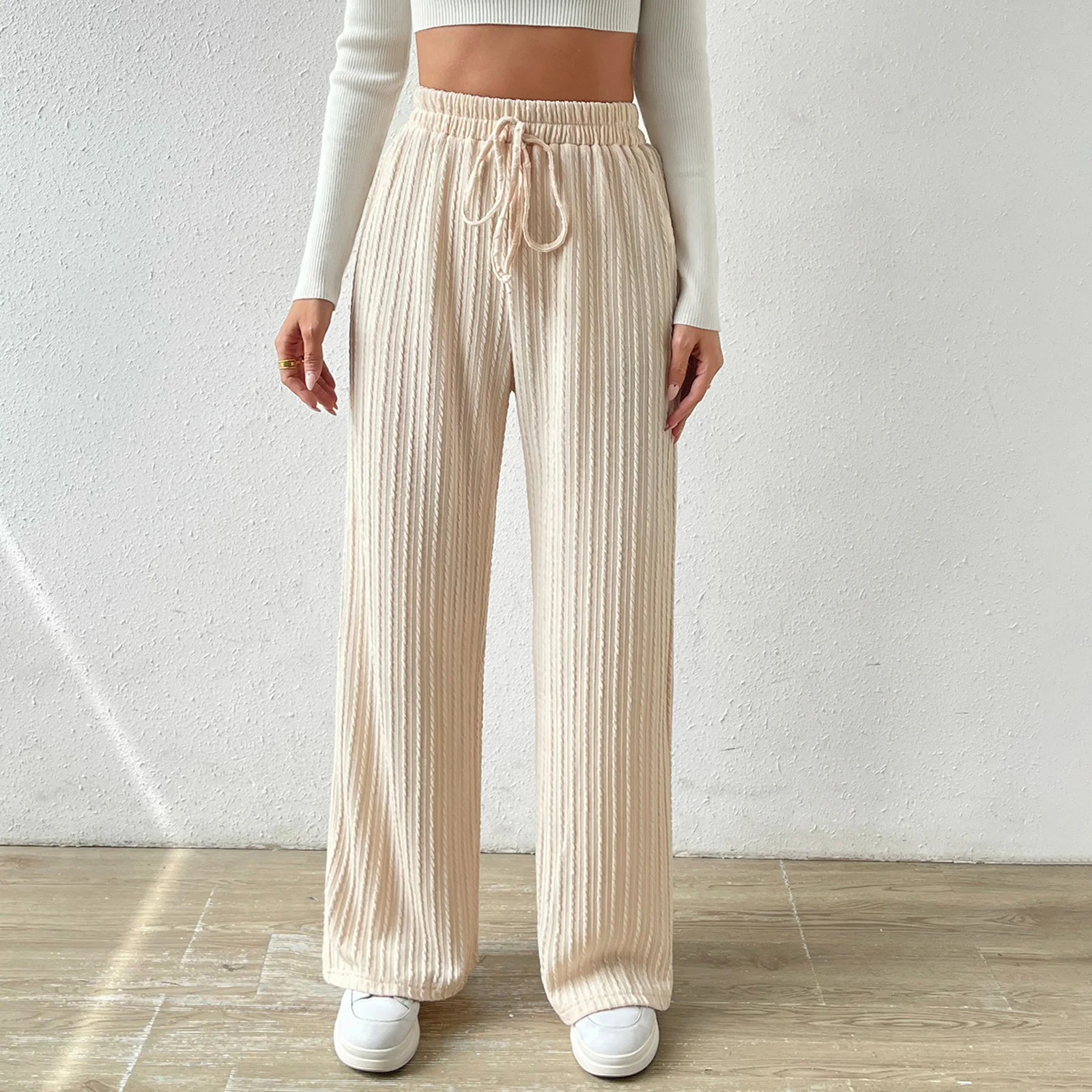 Women Knit Wide Leg Pants Textured Bow Elastic Waistband Loose Casual Pull On Sweater Trousers