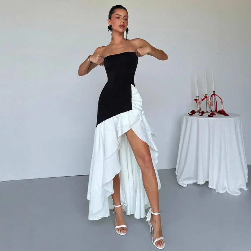 

Elegant Tube Top Party Dress Women Fashion Sexy Slim Black White Color Matching Irregular Slit Dress Temperament Evening Vestido