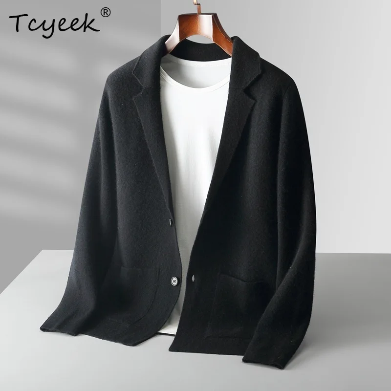 Tcyeek 100% Merino Wool Men's Suit Collar Knitted Cardigan Autumn Winter Thickened Suit Shirt Cashmere Jacket Sweater C48020JE