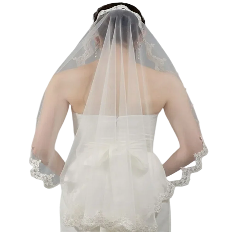 

Short One-Layer Wedding Velo De Novia White Ivory Tulle Bride Lace Edge Cheap Voile Mariage Welon Accessories