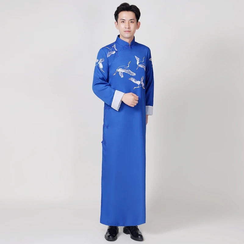 

Chinese Crosstalk Tunic Suit Crane Emboridery Mandarin Gowns Men's Long Tunic Wing-Chun Performance Costume