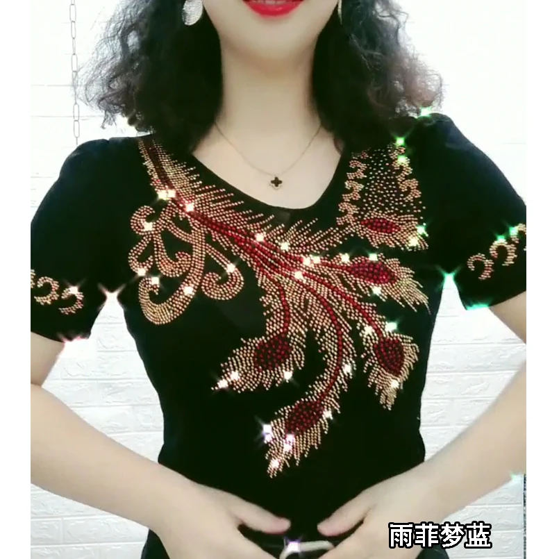 

Женская футболка приталенного кроя V-Ne f Sve Diamond Decorated Faionable Top Корейский Sle Commute Wind Creative Pattern