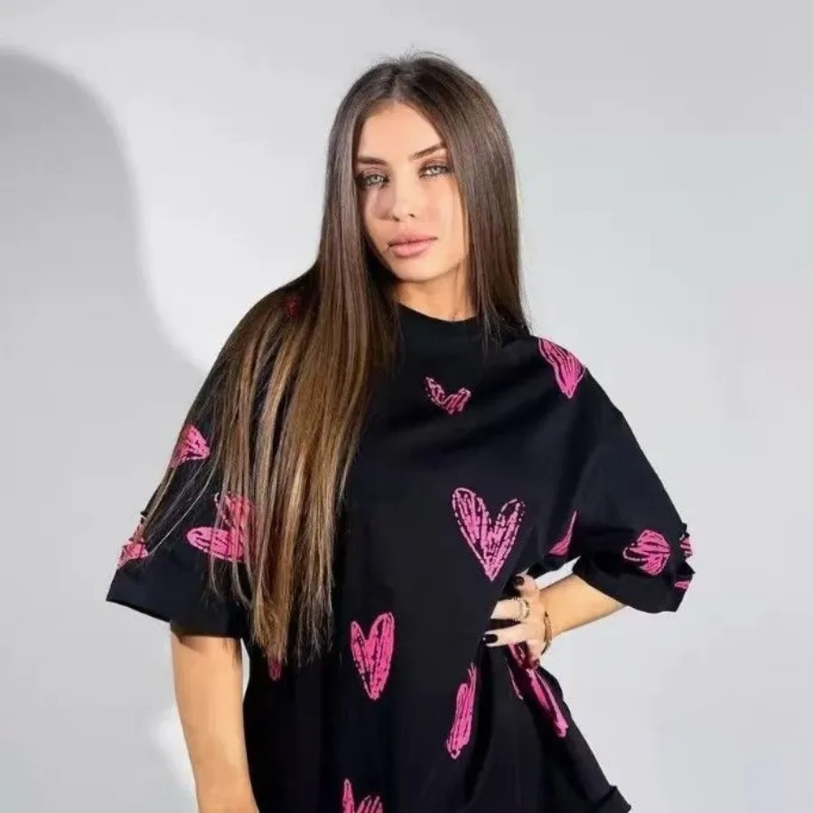 Short sleeved T-shirt Women's Summer Fashionable Loose Oversized Clothes Round Neck Heart-shaped Printed Tops