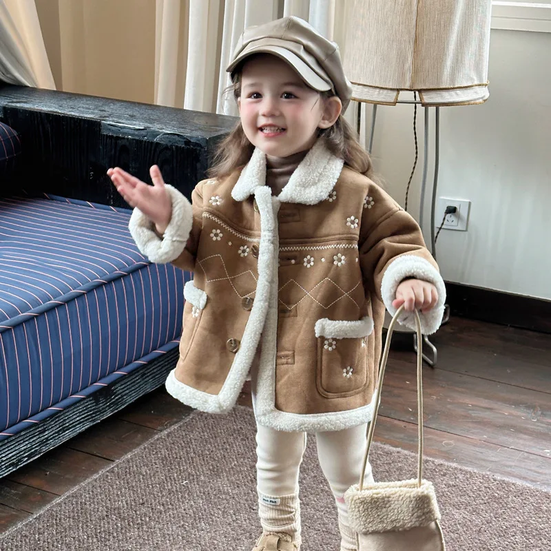 

Korean Style Ultra Warm Girls Winter Coat Suede Shearling Thickened Jacket with Fleece Lining for Cozy Mid-Long Outerwear