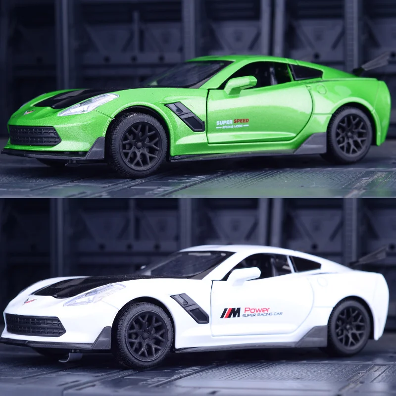 Modèle de voiture en alliage Chevrolet Corvette ZR1, cadeau, jouet acousto-optique pour enfants, porte et capot, coffre pouvant être ouvert, 1:32