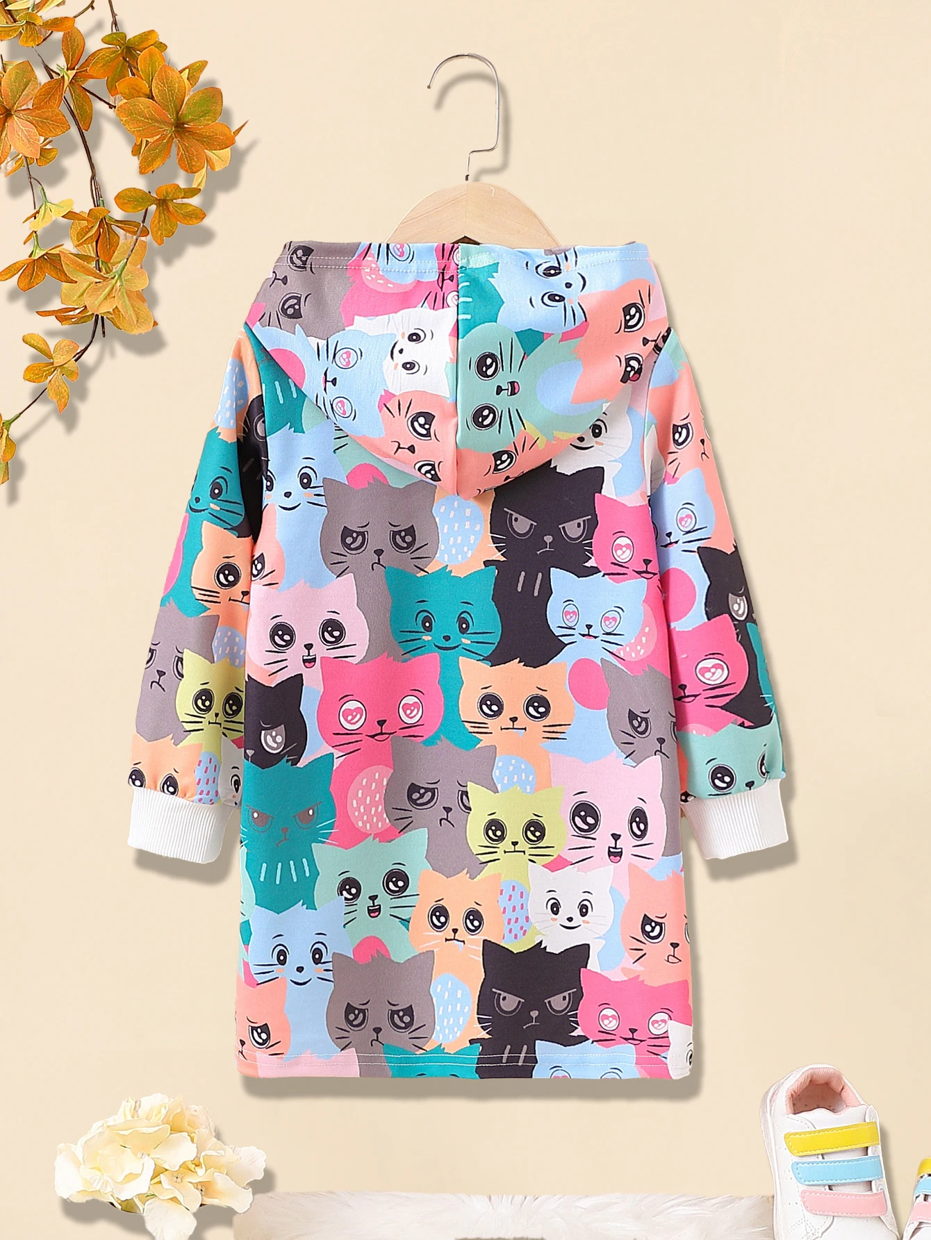 Cute Pink Kitty Graphic Girls' Long Sleeve Cartoon Hoodie Dress, Casual Lightweight Comfy Fit Kids Tops