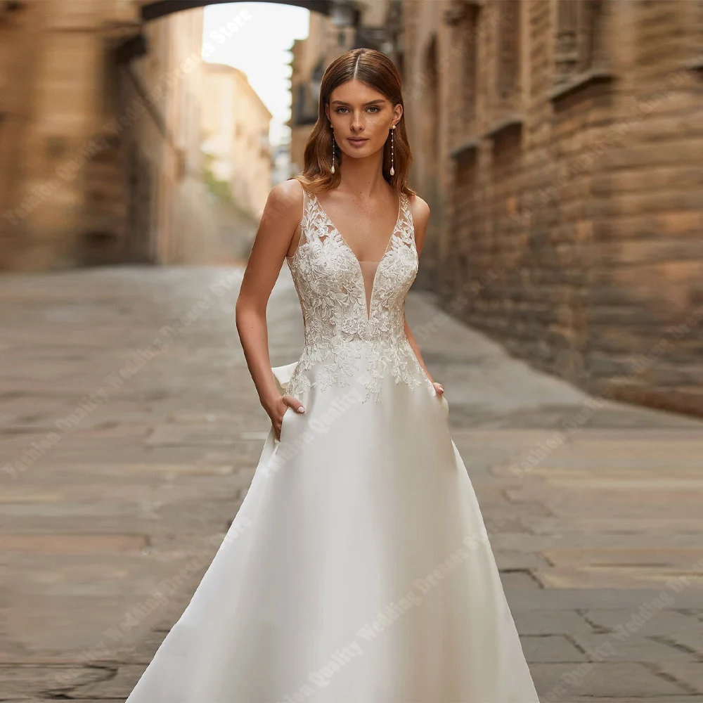 Abiti da sposa in raso brillante Abiti eleganti con scollo a V per la festa formale Palla di fidanzamento Lunghezza la pulizia Abiti da Noiva personalizzati