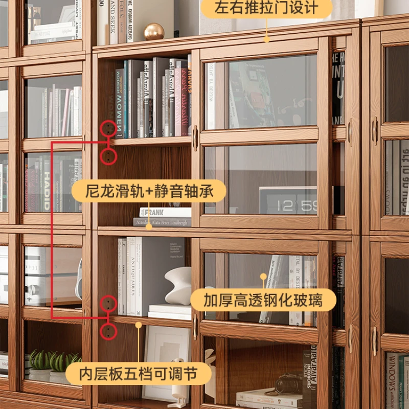 

American solid wood bookcase with glass door dust-proof display cabinet sliding door living room storage cabinet combination