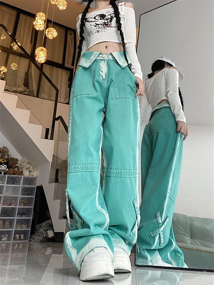 Women's Casual Straight Loose Vintage Cargo Denim Pants Niche Design Streetwear Flip Up Baggy Fashion Wide Leg Pants