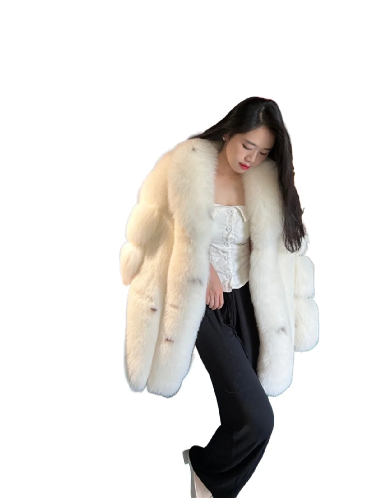 

Yoyo 2025 winter new imported Finnish whole fur fox hair spotted long fur coat women's thermal coat
