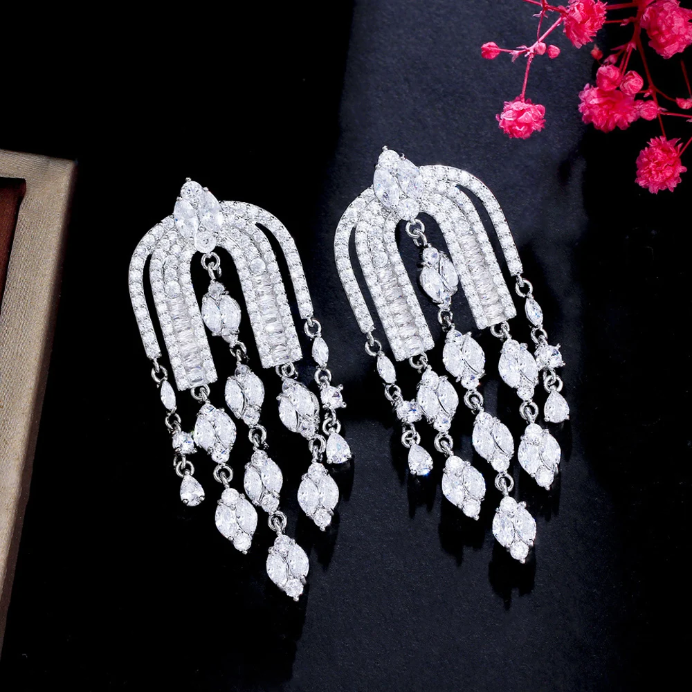 

ThreeGraces Elegant Brilliant Cubic Zirconia Silver Color Long Bridal Wedding Tassel Drop Earrings for Women Party Jewelry ER996