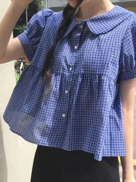

Summer Sweet Plaid Loose Fit Doll Collar Women's irt Versatile Cute Youthful Top Bubble Sve ort Length Commute Sle