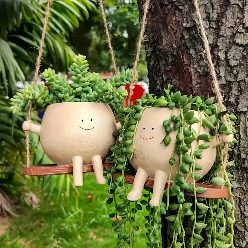 

Chair/Swing Smile Face Planter Resin Hanging Cute Head Planters Creative Rocking Succulent Pot Home Garden Flower Container